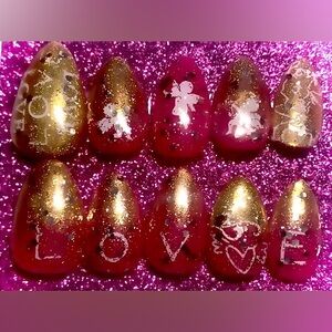 Cute Pink & Gold Handmade Valentines Press On Nail Set with Angels